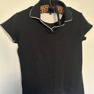 Burberry Black Golf Shirt with Leopard Print Detail